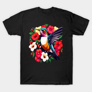 Cute Ruby Throated Hummingbird Surrounded by Spring Flowers T-Shirt